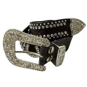 Vintage Dark Brown Rhinestone Buckle Horseshoe Western Cowboy Belt